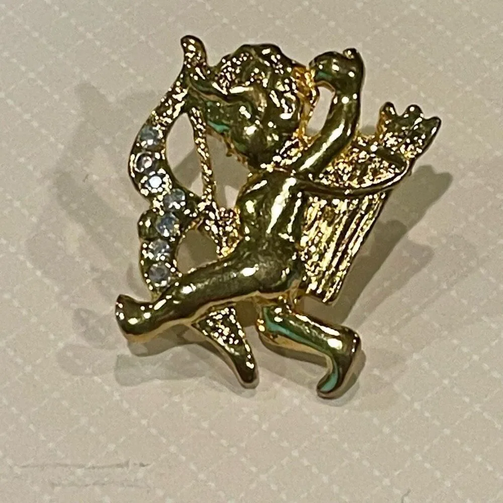 Vintage Gold Cherub Angel Brooch Womens Casual Crystal Rhinestone Fashion Pin